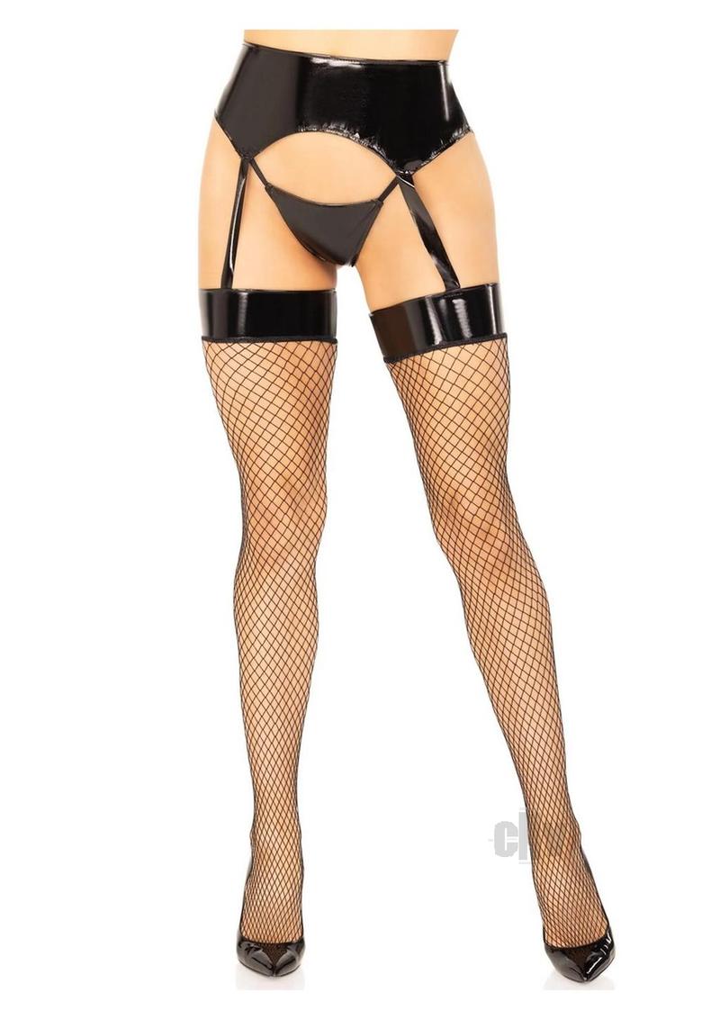 2 Pc. Vinyl Garter Belt Fishnet Stockings and G-String - Black - Medium/ Large