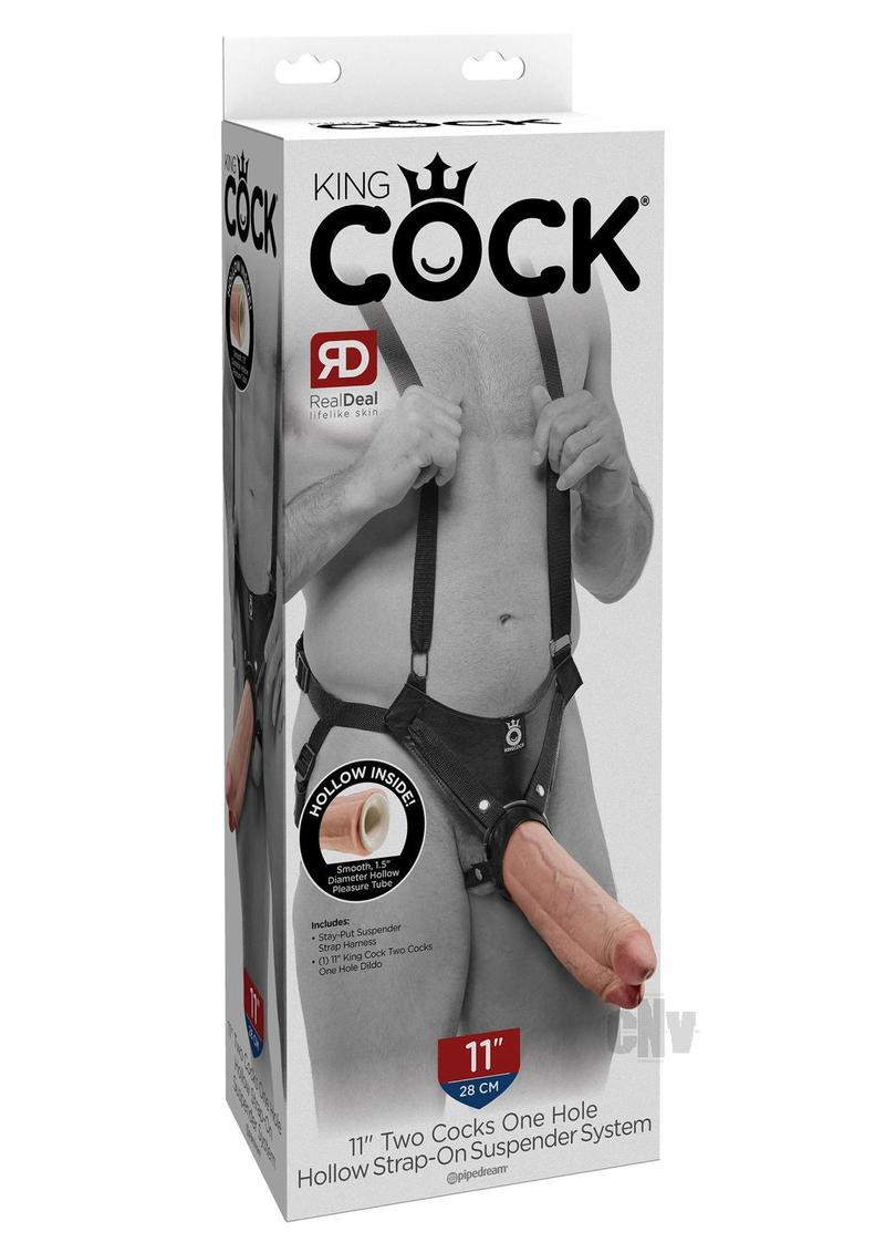 King Cock 11inch Two Cocks One Hole Hollow Strap-on Suspender System - Flesh
