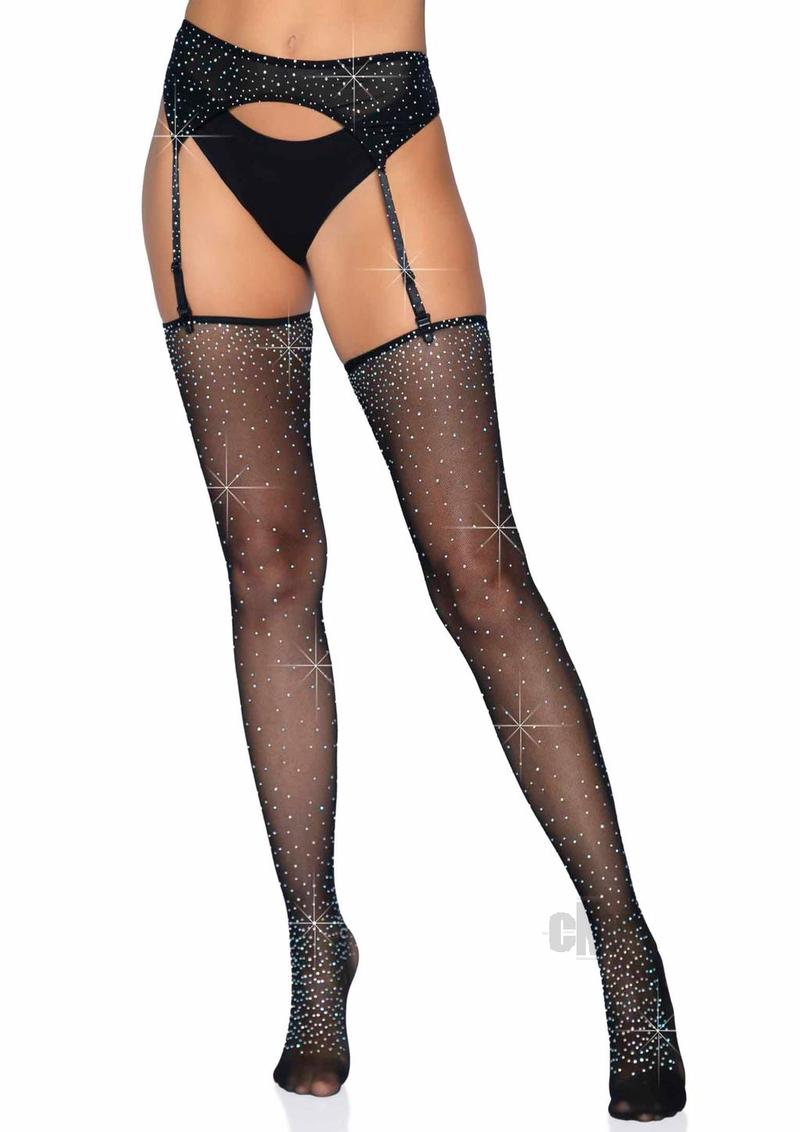 2 Pc. Rhinestone Net Garter Belt and Stockings - One Size - Black