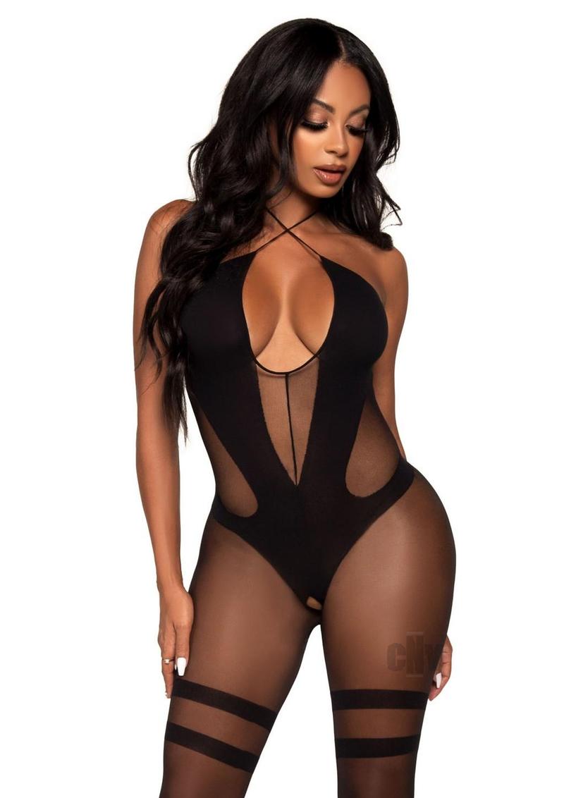Opaque and Sheer Twist Halter Bodystocking - One Size - Black