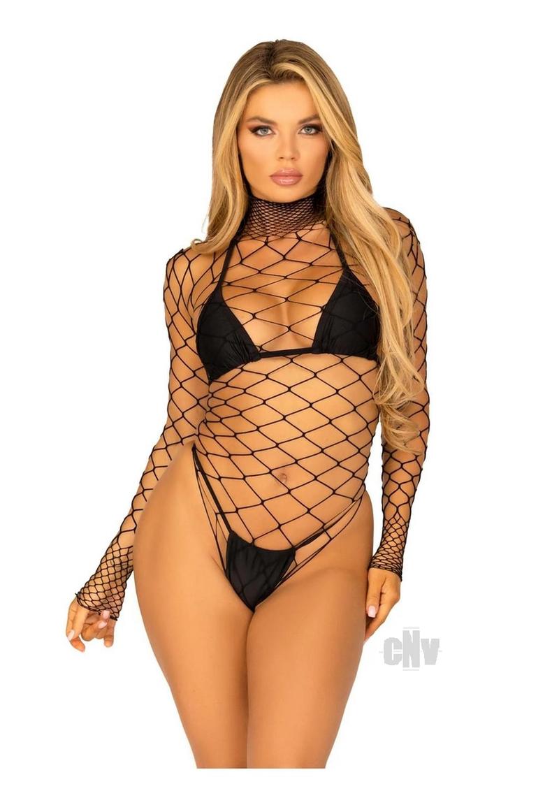 High Neck Fence Net Long Sleeved Bodysuit - One Size - Black