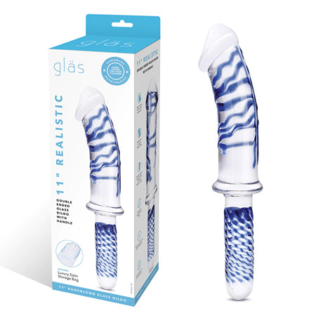 Glas 11' Realistic Double Ended Glass Dildo w/Handle - Blue