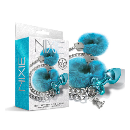 Nixie Metal Butt Plug w/Inlaid Jewel & Fur Cuff Set - Blue Metallic