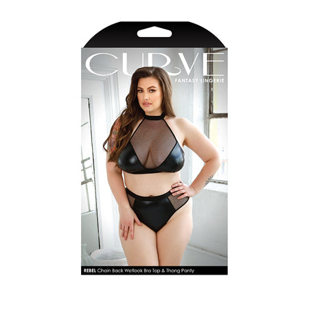 Curve Rebel Wetlook Halter Top w/Removable Chain & Panty Black 1X/2X