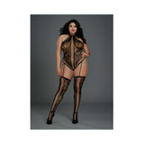 Lace Halter Teddy Bodystocking Garters & Thigh Highs Black Qn