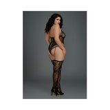 Lace Halter Teddy Bodystocking Garters & Thigh Highs Black Qn