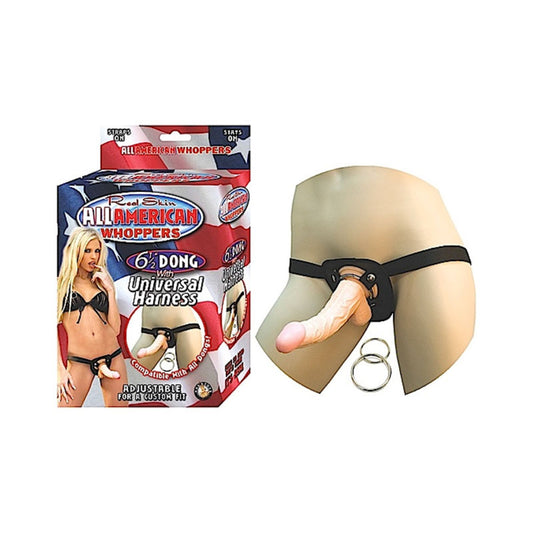 All American Whoppers 6.5-Inch- Dong With Universal Harness- Flesh