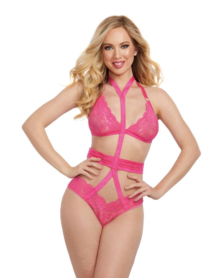 Bralette and Harness Panty - One Size - Fuchsia