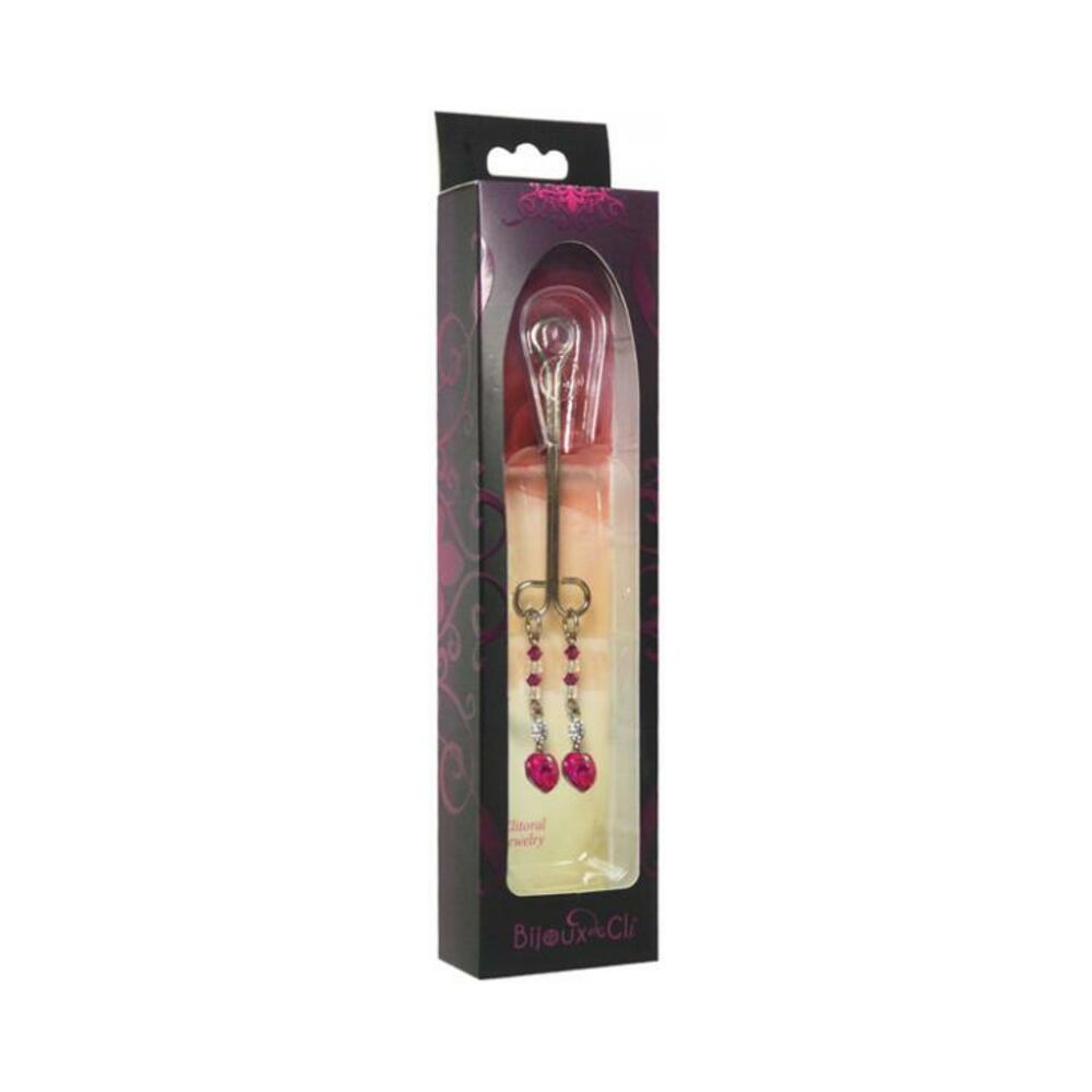 Bijoux de Nip Clit Clamp Double Loop w/Heart Charm & Fuchsia Beads