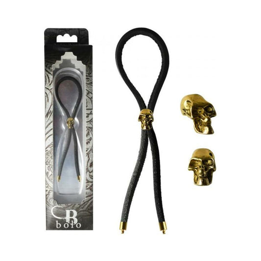 C-RING LASSO GOLD SKULL BEAD LEATHER STRAP BLACK