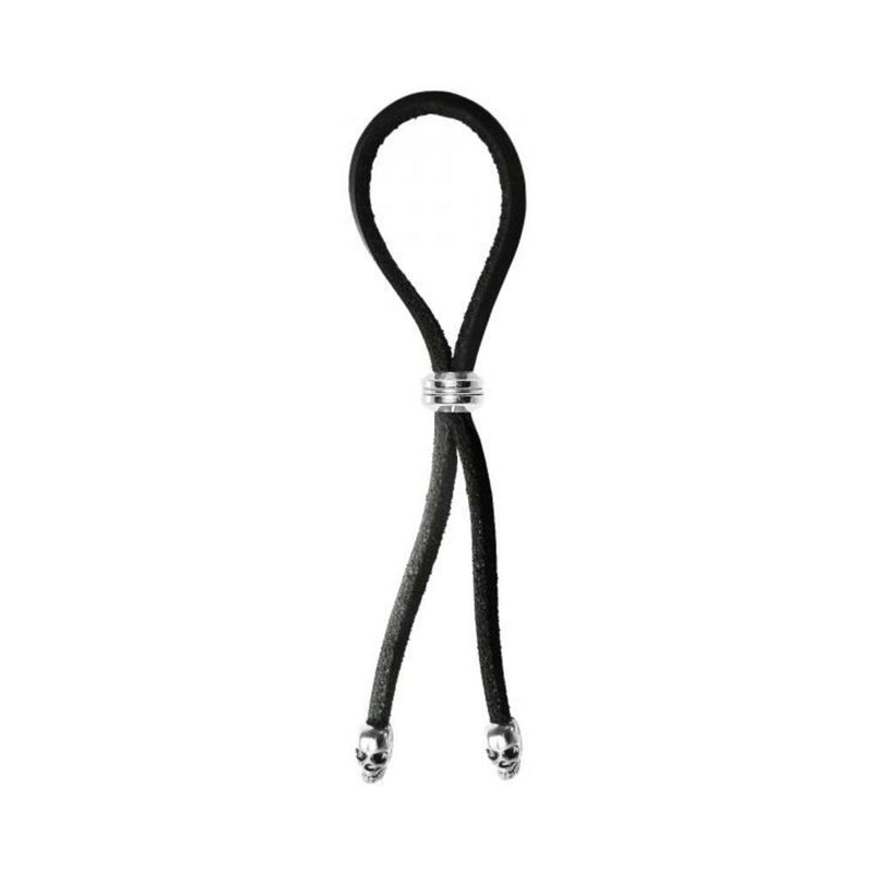 Bolo Cock Ring Leather Lasso Bead Slider w/Skull Tips - Black/Silver