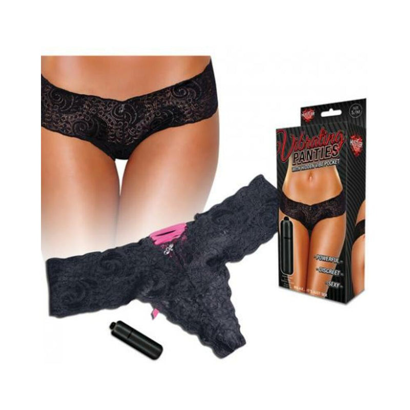 Hustler Vibrating Panties Lace Up Back Thong Black S/M