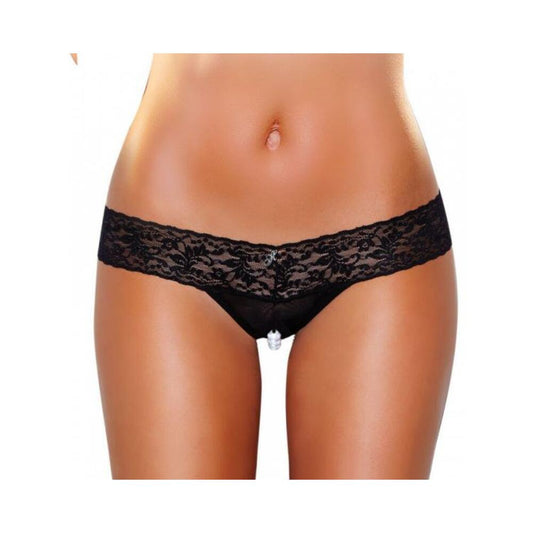 Crotchless Panties Thong Pearl Beads Black M/L