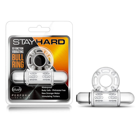 Blush Stay Hard 10 Function Vibrating Bull Ring Cock Ring - Clear