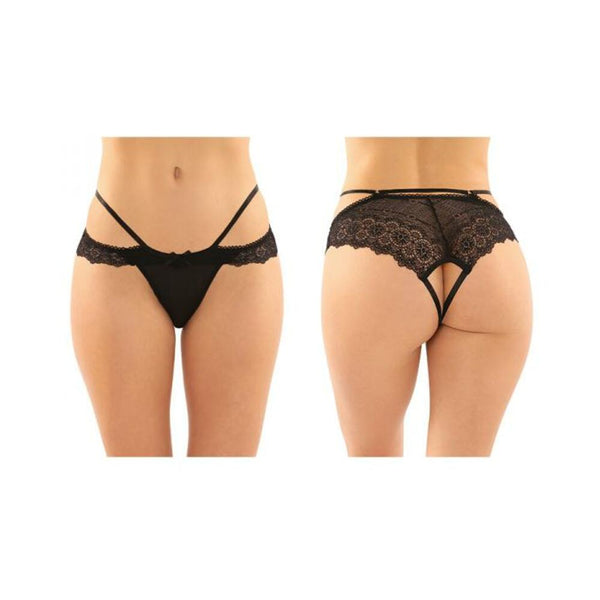 Posey Strappy Lace And Microfiber Crotchless Panty 6-pack L/xl Black