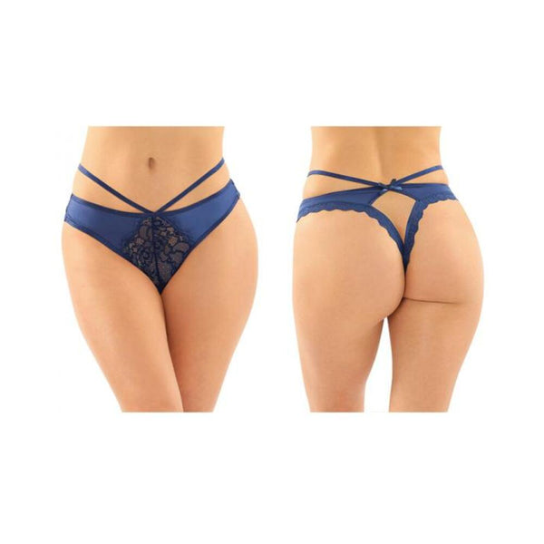 Kalina Strappy Microfiber And Lace Thong With Back Cutout 6-pack L/xl Navy