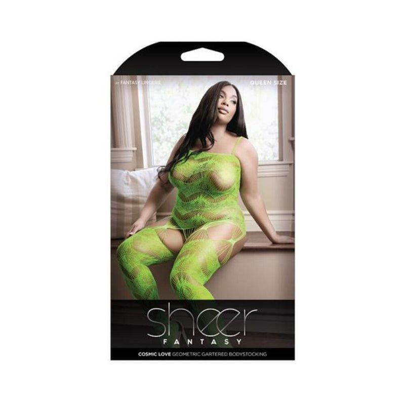 Sheer Cosmic Love Strappy Geometric Gartered Bodystocking Neon Green Queen