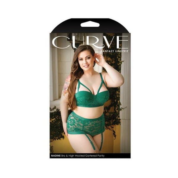 Curve Nadine Longline Contour Cup Bra, High Waist Panty w/Removable Garters Emerald 3X/4X