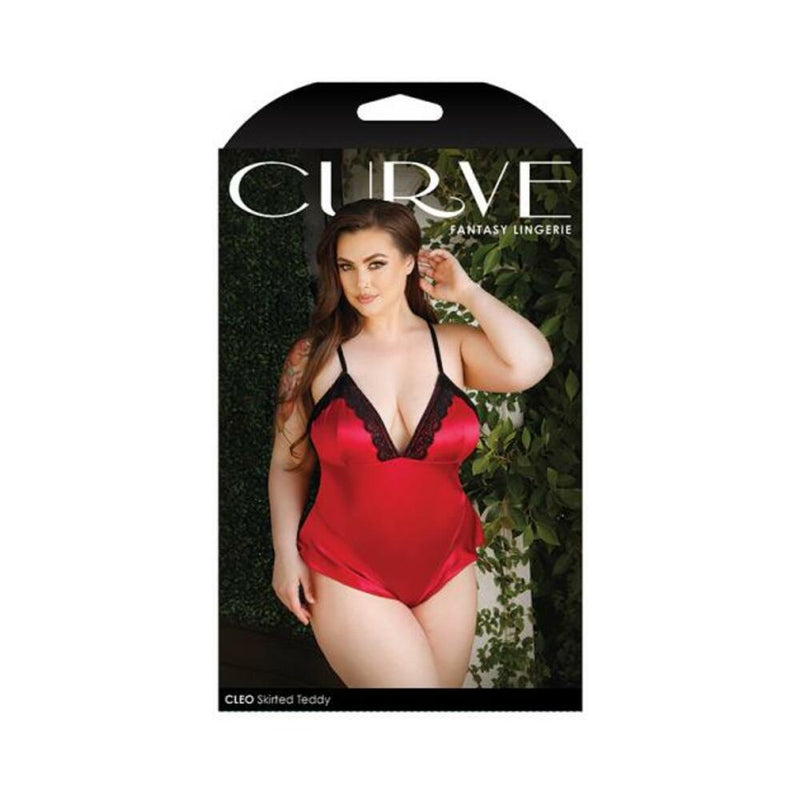 Curve Cleo Skirted Teddy With Lace Trim And Snap Closure Red 1x/2x