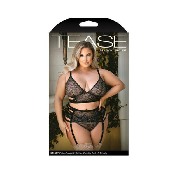 Tease Kelsey Criss-cross Metallic Lace Bralette, Garter Belt, & Panty Black 3x/4x