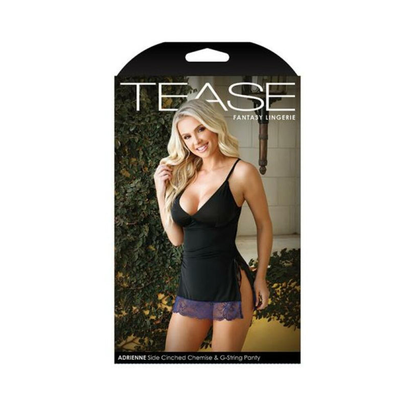 Tease Adrienne Side-cinched Microfiber Chemise With Floral Lace Trim & G-string Panty Black M/l