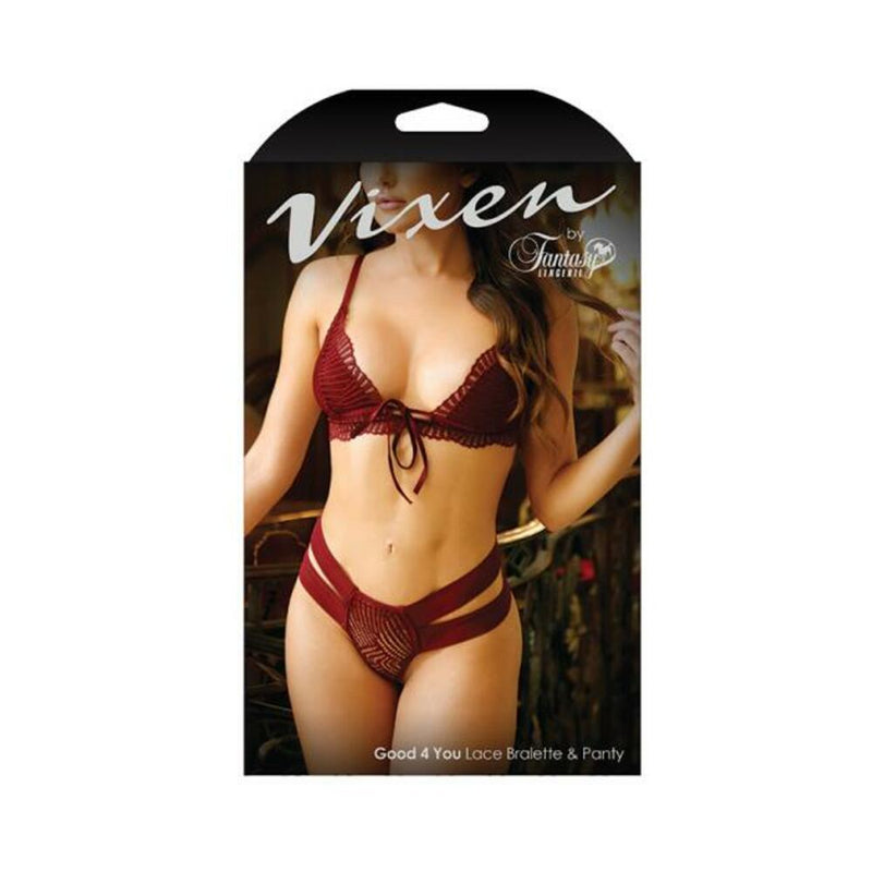Vixen Good 4 You Lace Triangle Bralette & Matching Panty With Double-strap Waistband Burgundy O/s