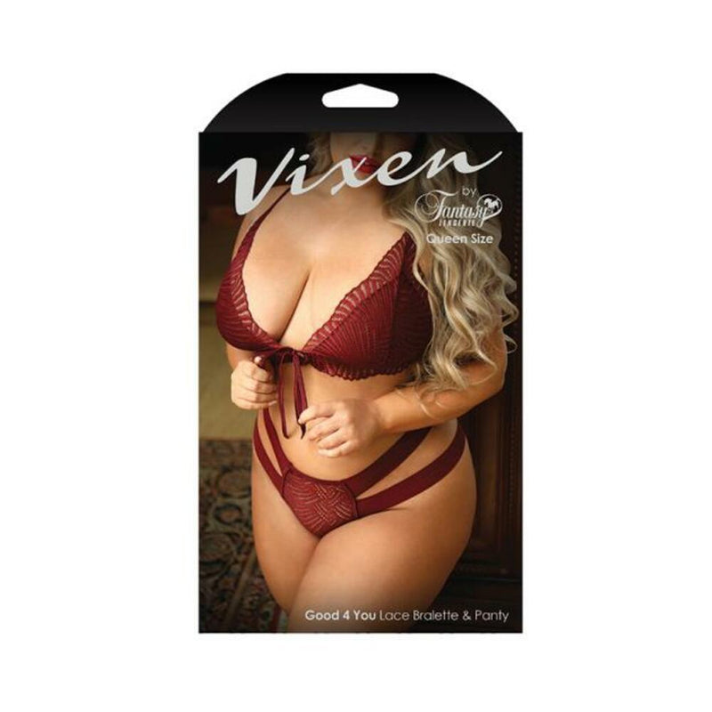Vixen Good 4 You Lace Triangle Bralette & Matching Panty With Double-strap Waistband Burgundy Queen