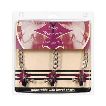 Y Style Adjustable Broad Tip Nipple Clamps With Clit Clamp Silver