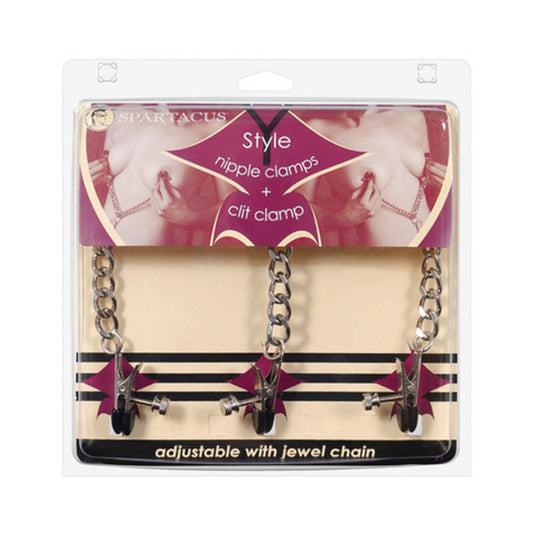 Y Style Adjustable Broad Tip Nipple Clamps With Clit Clamp Silver