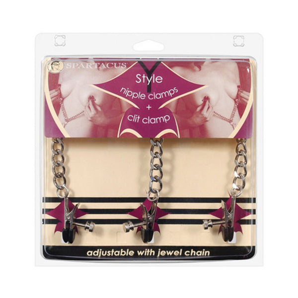 Y Style Adjustable Broad Tip Nipple Clamps With Clit Clamp Silver