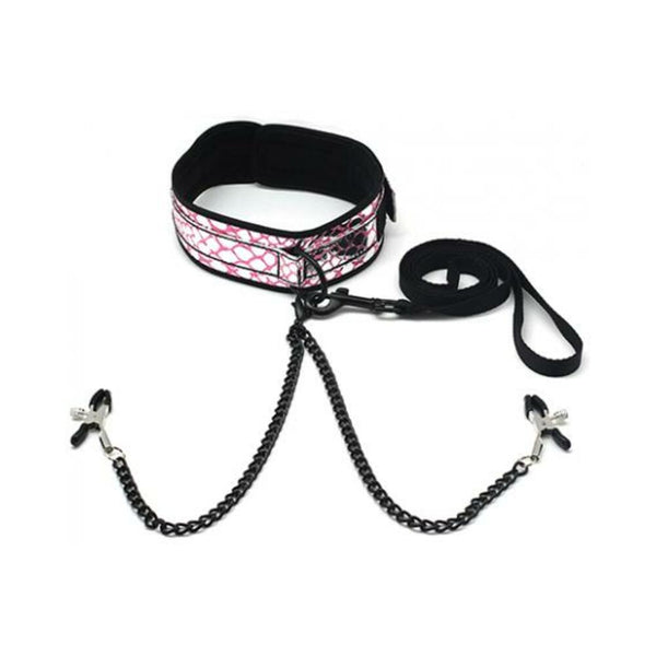 Spartacus Faux Leather Collar, Leash Black Nipple Clamps Pink
