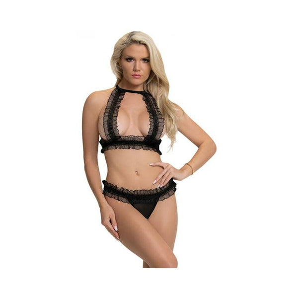 Magic Silk Ruffled Halter Bra & Split-crotch Thong Black S/m