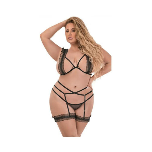 Magic Silk Ruffled Bra, Stirrup Garter & Split-crotch Panty Set Black Queen