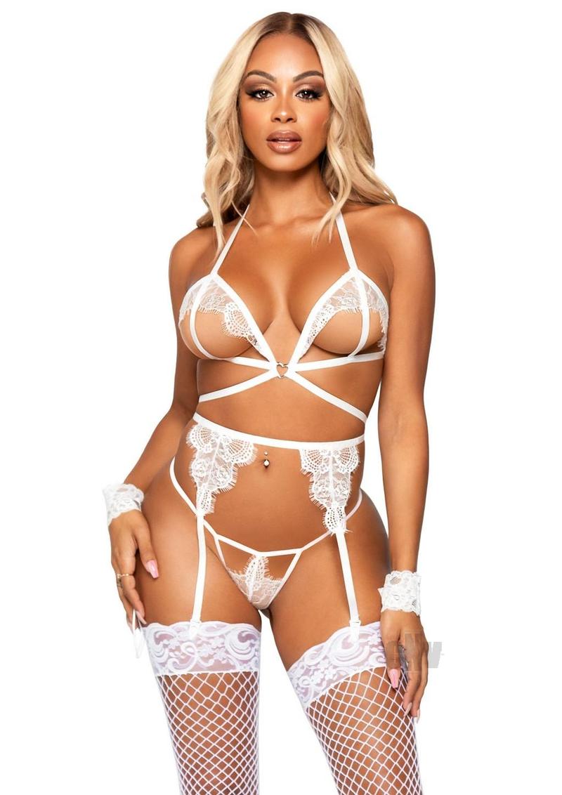 Eyelash Bra Garter Gstring 4pc Os Wht