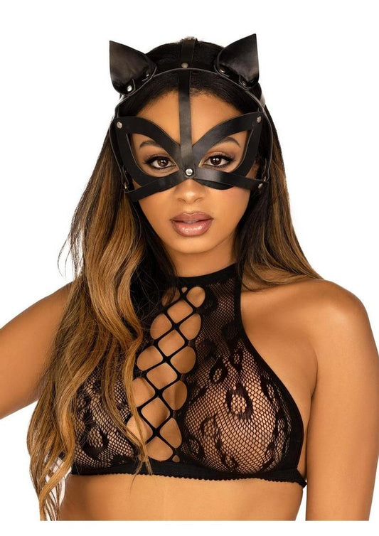 Vegan Leather Studded Cat Mask Os Blk