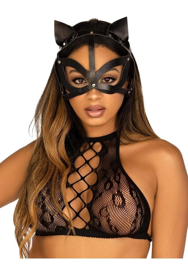 Vegan Leather Studded Cat Mask Os Blk