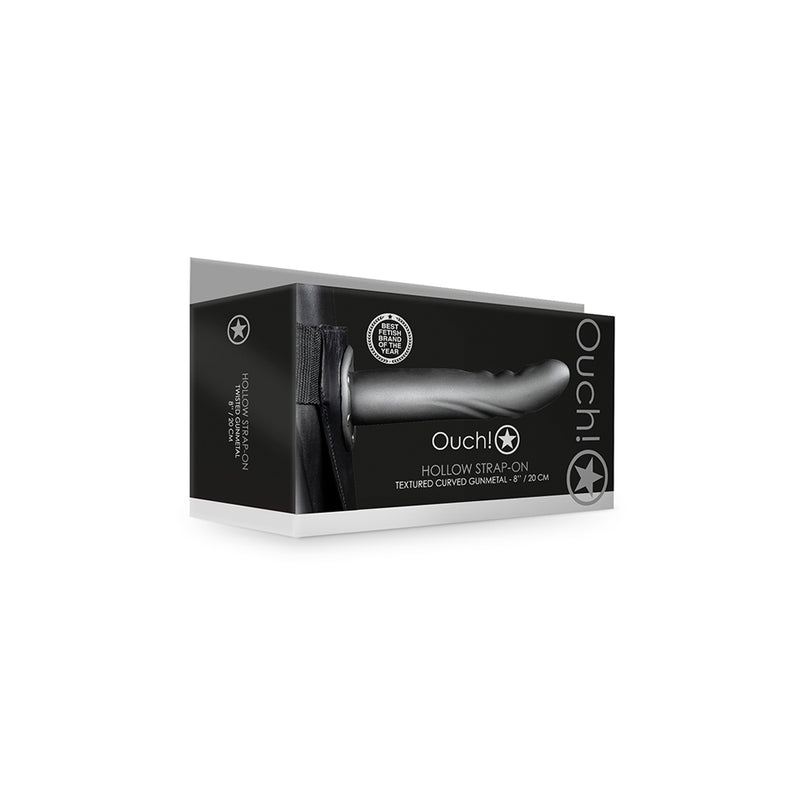 Ouch! Textured Curved Hollow Strap-On 8&quot; Gun Metal