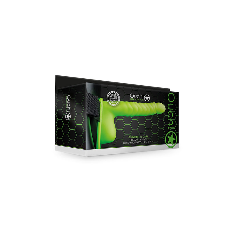 Ouch! Ribbed Hollow Strap-On With Balls 8&quot; Glow In The Dark