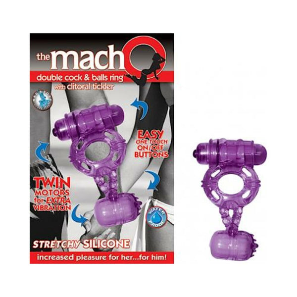 The Macho Double Cock And Balls Ring With Clitoral Tickler Silicone Waterproof Purple