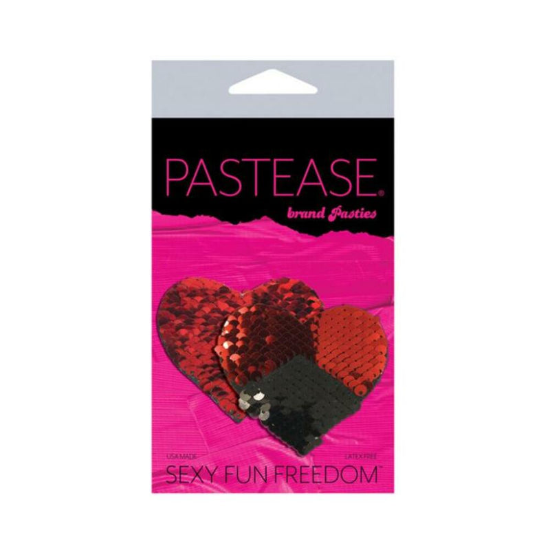 Pastease Double Sequin Hearts Red Black Pasties O/S