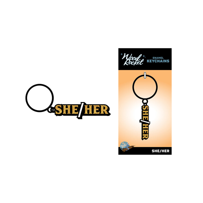 Wood Rocket She/Her Keychain - Black/Gold