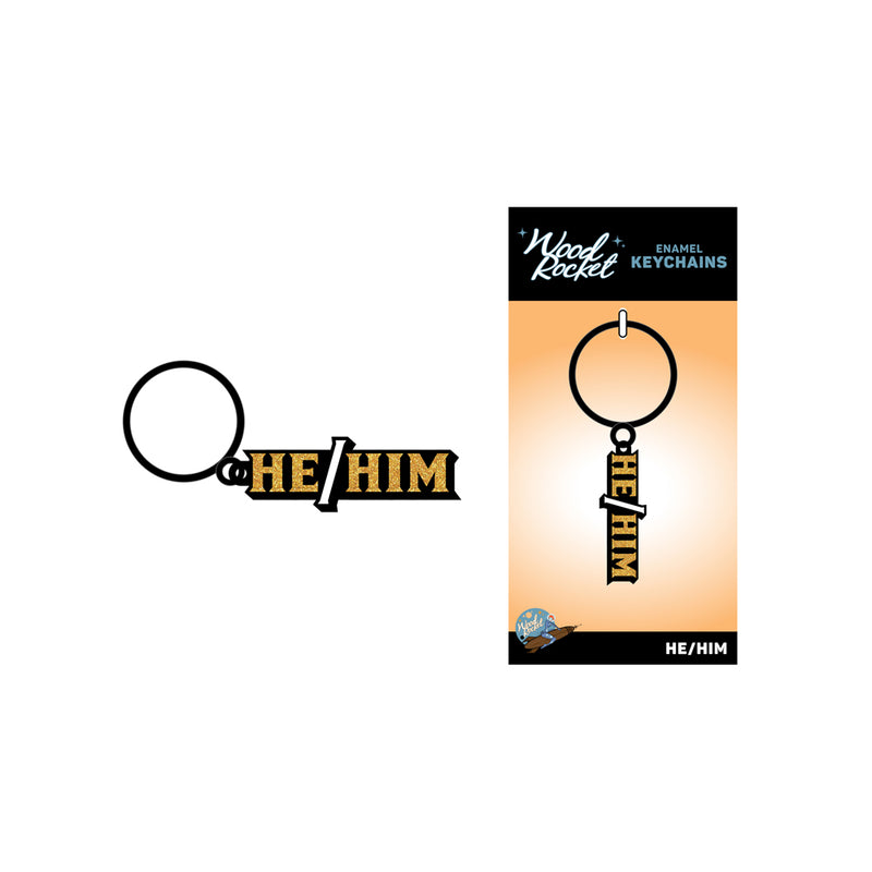 Wood Rocket He/Him Keychain - Black/Gold