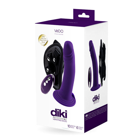 VeDO Diki Rechargeable Vibrating Dildo w/Harness - Deep Purple
