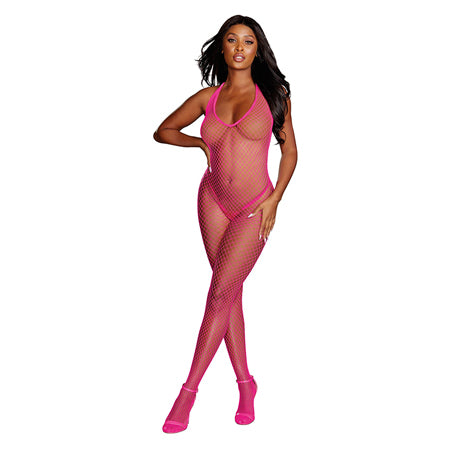 Diamond Net Bodystocking - One Size - Neon Pink