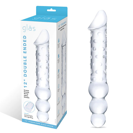 Glas 12' Double Ended Glass Dildo w/Anal Beads - Clear