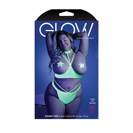 Glow Black Light Harness Open Shelf Bra & Cage Thong (Pasties not Included) Neon Lemon QN