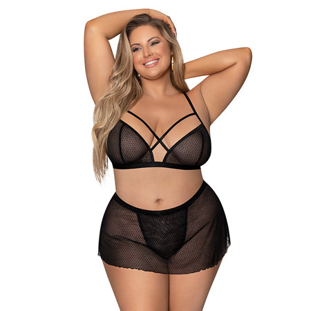 Girl Next Door Strappy Bralette w/Flirty Thong Skirt Black 2X