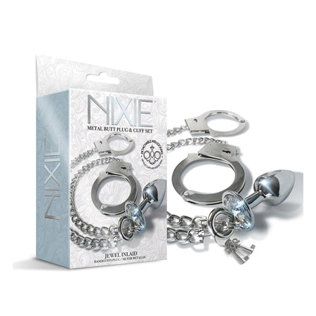 Nixie Metal Butt Plug w/Inlaid Jewel & Cuff Set - Silver Metallic