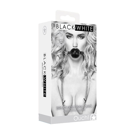 Shots Ouch Black & White Breathable Ball Gag w/Nipple Clamps - Black