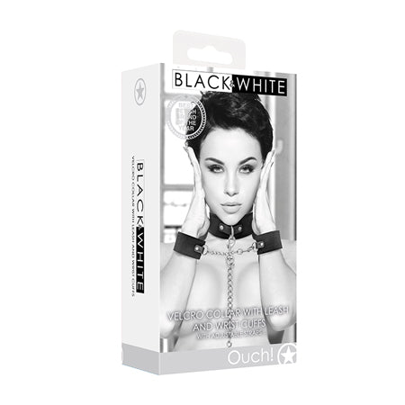 Shots Ouch Black & White Velcro Collar w/Leash & Hand Cuffs - Black